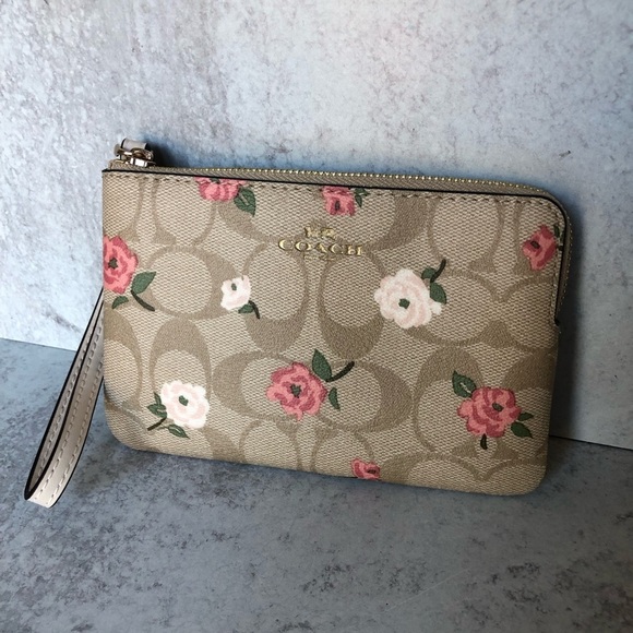 Coach Signature Corner Zip Floral Print Wristlet Wallet - Picture 1 of 8
